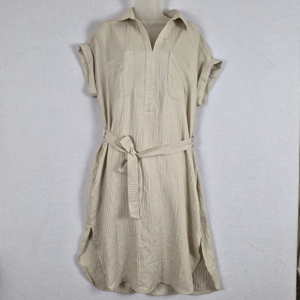 NWT Max Studio London Women Beige Crinkle Shirt Dress Midi Belted Pockets Medium